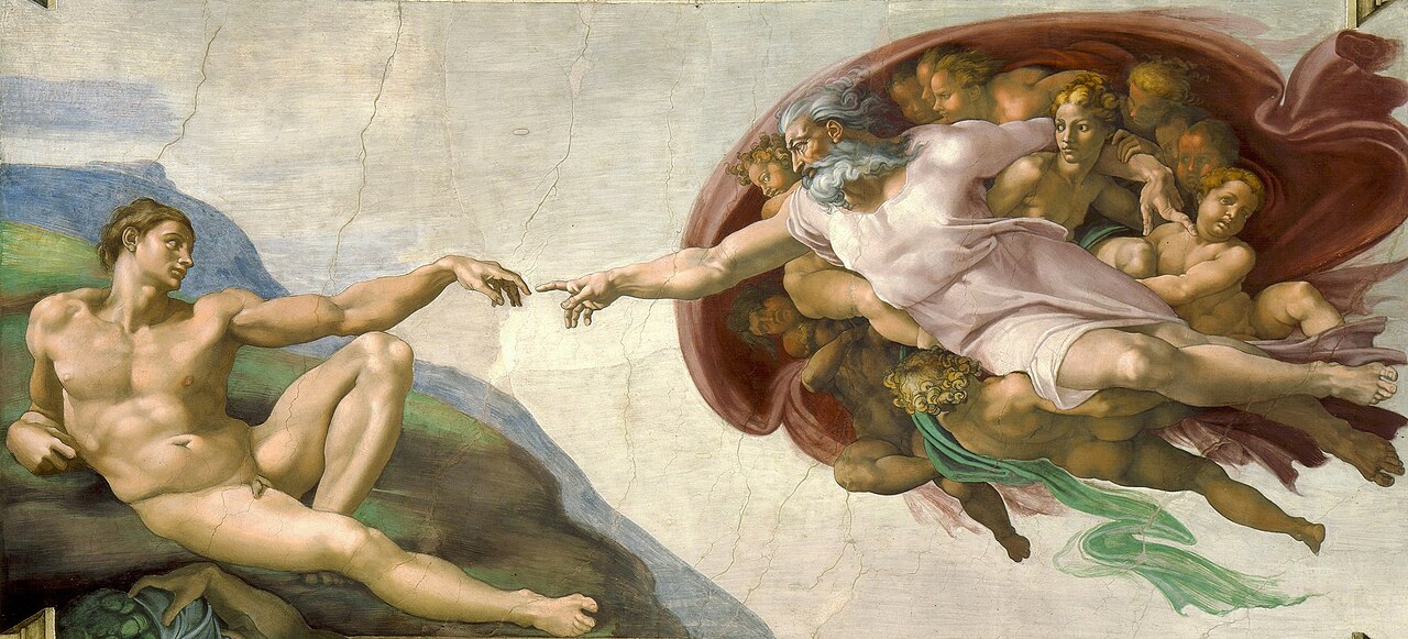 Michelangelo — Stvoření Adama (detail), Sixtinská kaple, 1512
